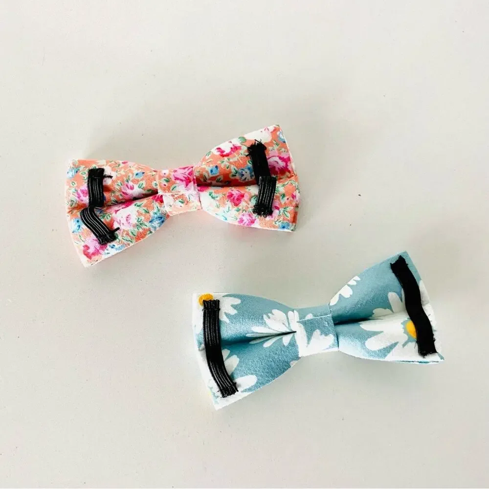 2 NEW HANDMADE Light Blue Pink Orange Floral Dog Cat Pet Collar Elastic Bow Tie
